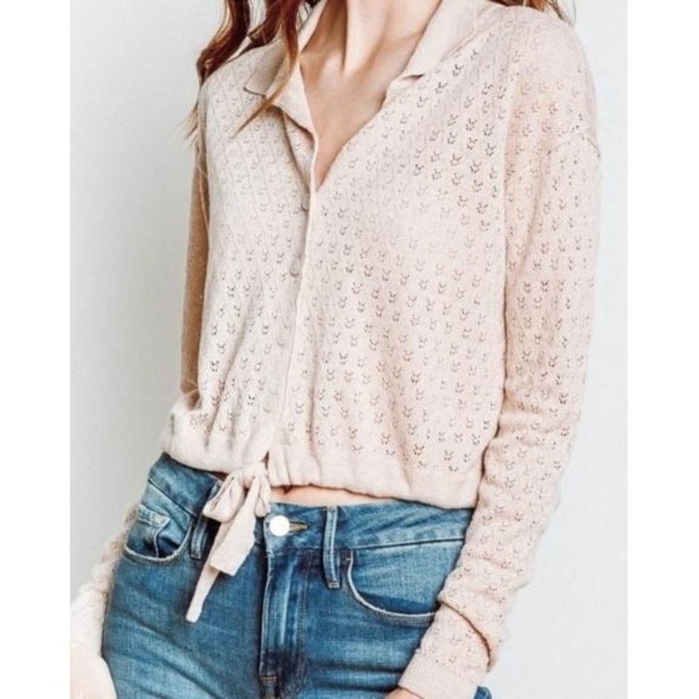 Free People Betty Linen Blend Pointelle Collared Sweater Large Dusty Pink